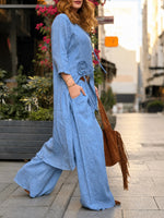 Conjunto informal de dos piezas de top largo y pantalón de lino y algodón.