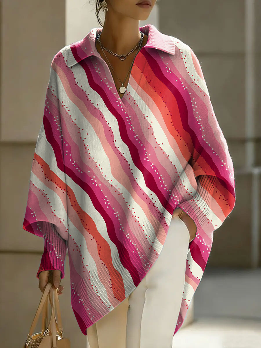 Women's Color Stripes Patterns V-neck Long-sleeved Casual Loose-fitting Knitted Pullover Sweater