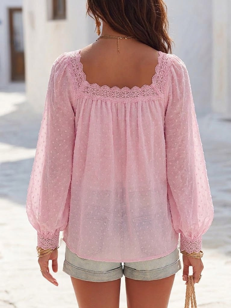 Chic And Elegant Blouse Featuring A Mix Of Jacquard And Clip-dot Chiffon, Accented With Lace Trim.
