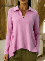 Women's Solid Color V-neck Long-sleeved Casual Loose-fitting Top With Irregular Hem.