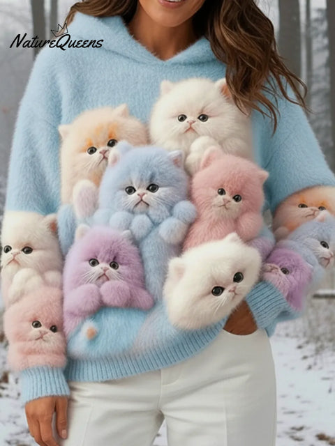 Cozy Cute Kitten Faux Mink Fleece Hooded Sweatshirt