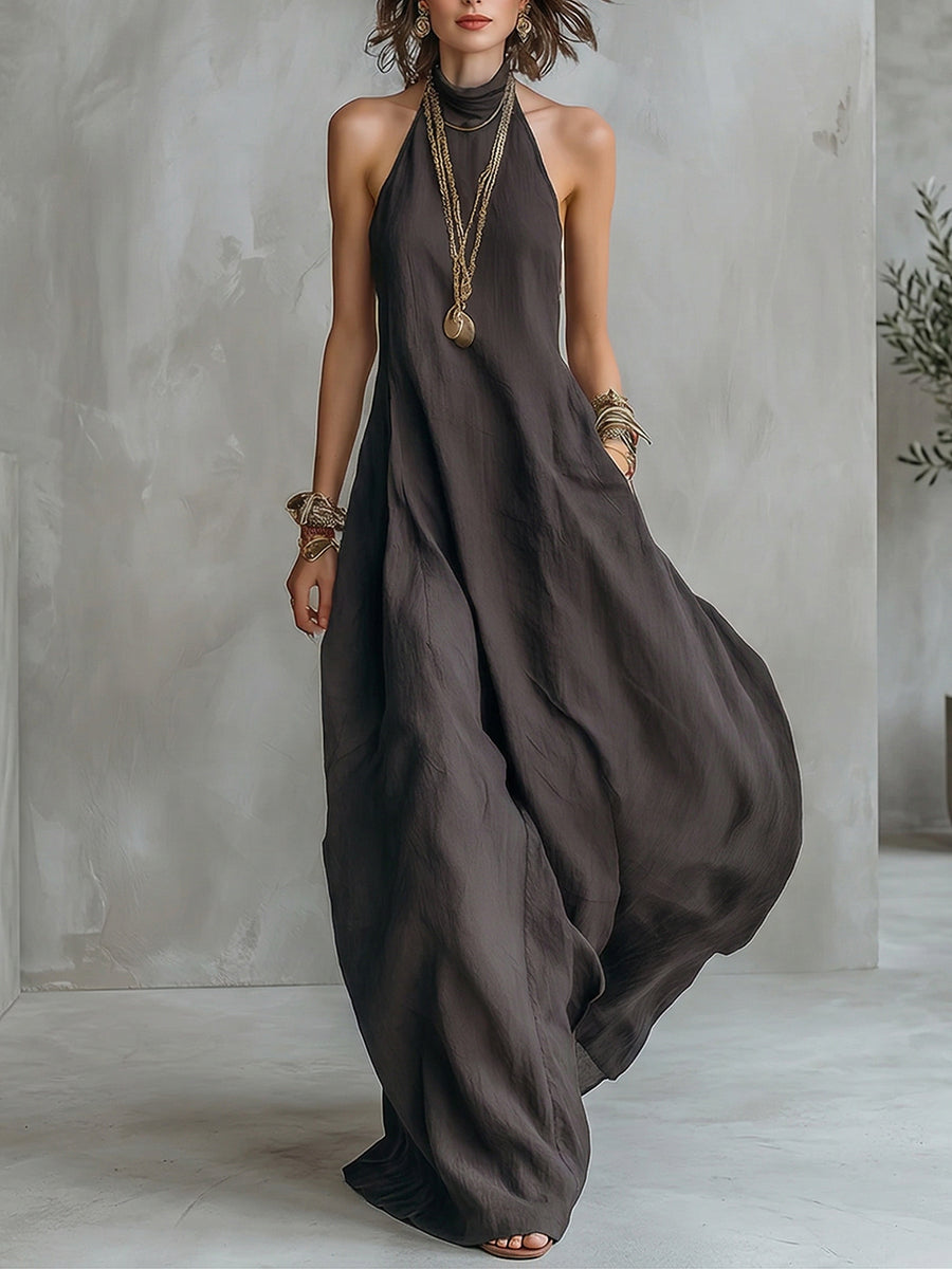 Minimalist Solid-color Halterneck Loose Maxi Dress