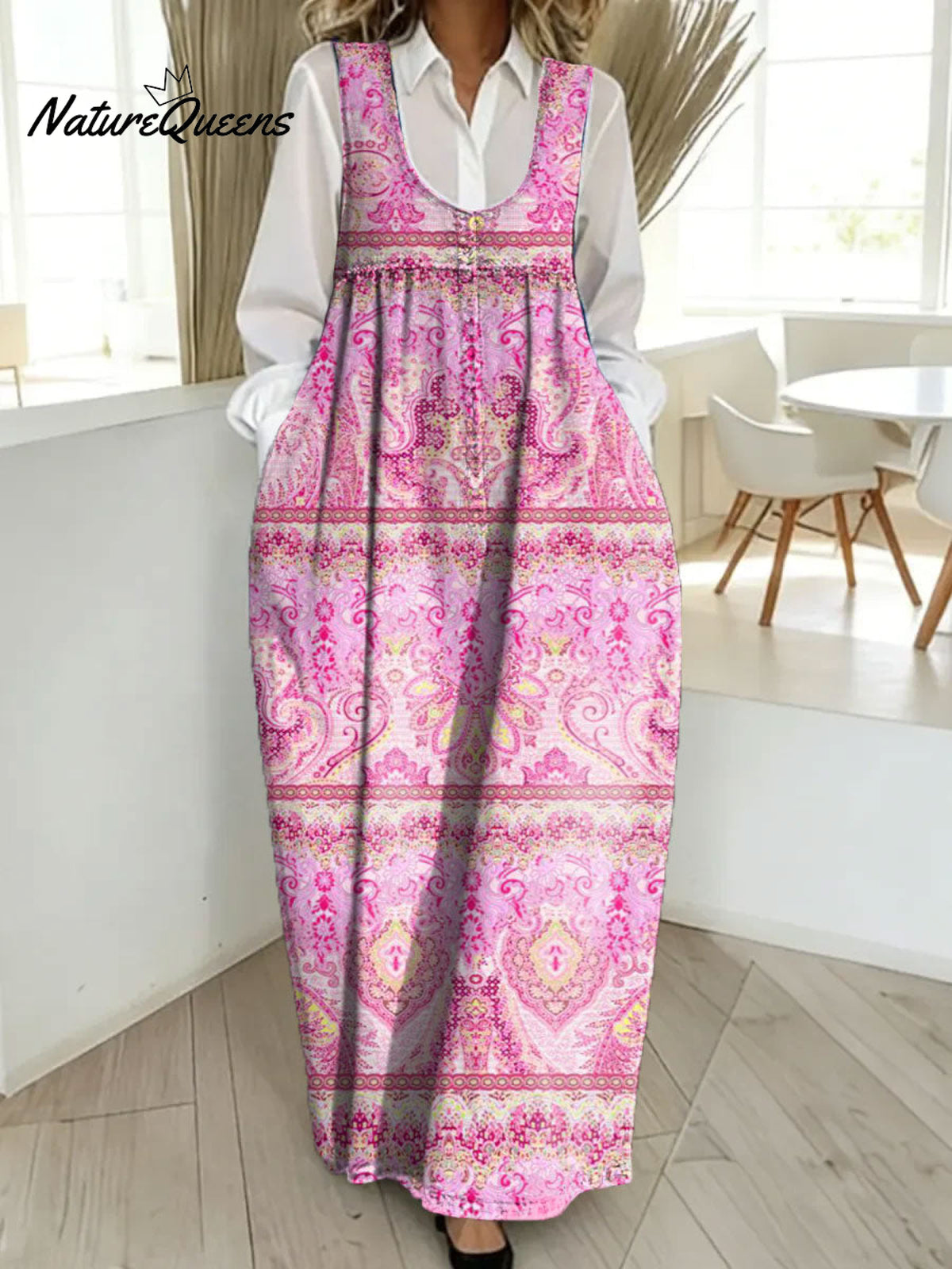 Women's Retro Splicing Colorful Flowers Pattern Art Print Casual Cotton Denim Dress