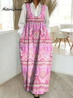 Women's Retro Splicing Colorful Flowers Pattern Art Print Casual Cotton Denim Dress