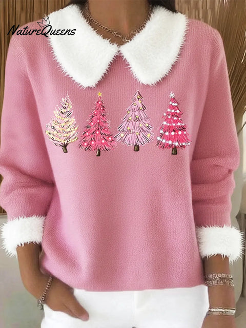 Christmas Tree Print Peter Pan Fur Collar Sweater Top