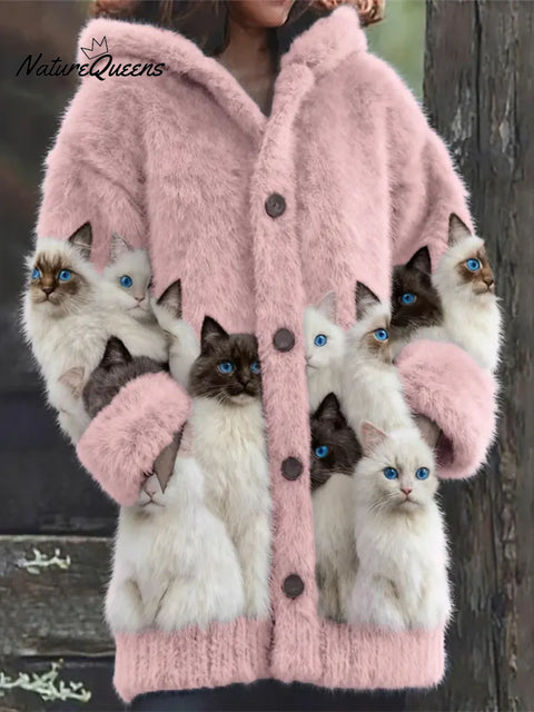 Women's Funny Cats Pattern Art Print Casual Fleece Coat