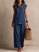 Women's Casual Sleeveless Shirt And Wide-leg Jeans Set