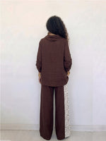 Women's Two-piece Set: Linen-blend Crew-neck Top And Wide-leg Pants With Lace-panel Detail – Casual Outfit