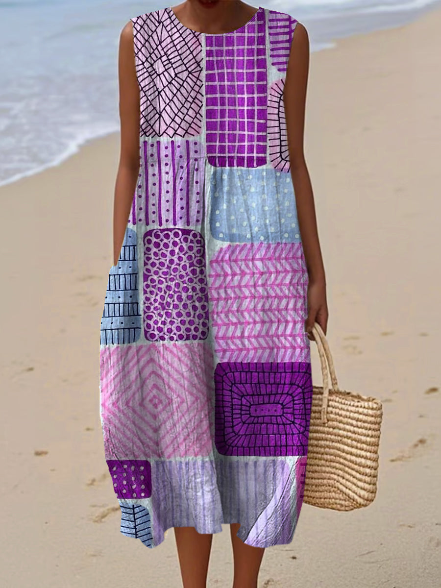 Women's Vintage Geometry Art Print Sleeveless Cotton Pocket Wrap Dress
