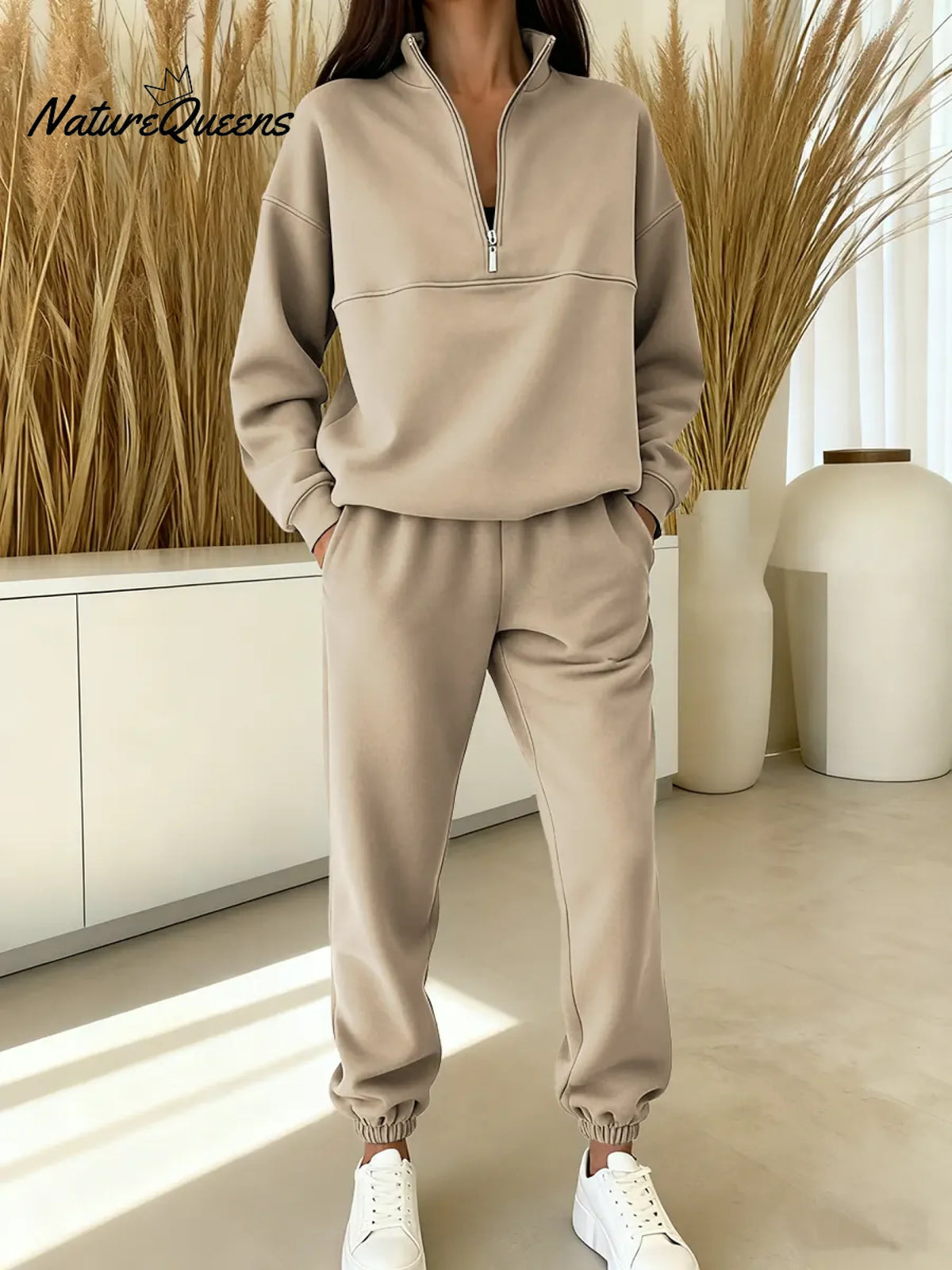 Women's Solid Color Cardigan Collar Long Sleeve Casual Loose-fitting Sweatshirt With Elastic Waist And Jogger Pants Set