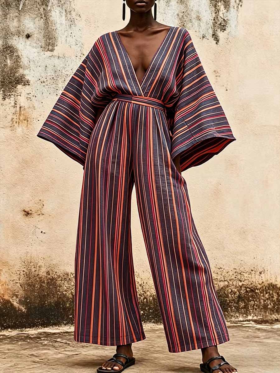 Women's Striped Print V-neck Long-sleeve Casual Loose Wide-leg Jumpsuit