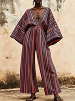 Women's Striped Print V-neck Long-sleeve Casual Loose Wide-leg Jumpsuit