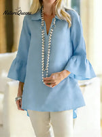 Women's Solid Color V-neck Three-quarter Sleeve Casual Loose Cotton And Linen Top