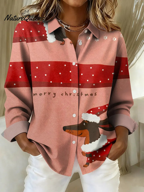 Women's Funny Christmas Dog Art Print Casual Cotton Shirt