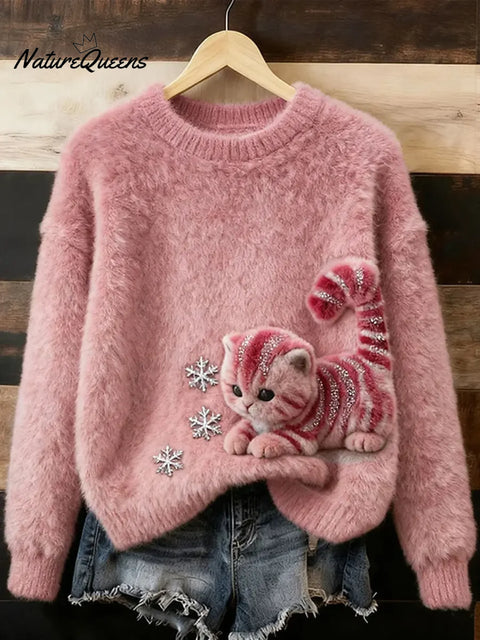 Women's Funny Cat Pattern Art Print Casual Velvet Sweatshirt