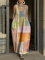 Women's Simple Lines Pattern Art Print Casual Cotton Denim Dress