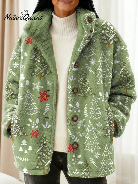 Women's Christmas Tree Pattern Art Print Casual Sherpa Coat