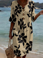 Floral Silhouette Decorative Pattern Polo Collar 100%cotton Dress