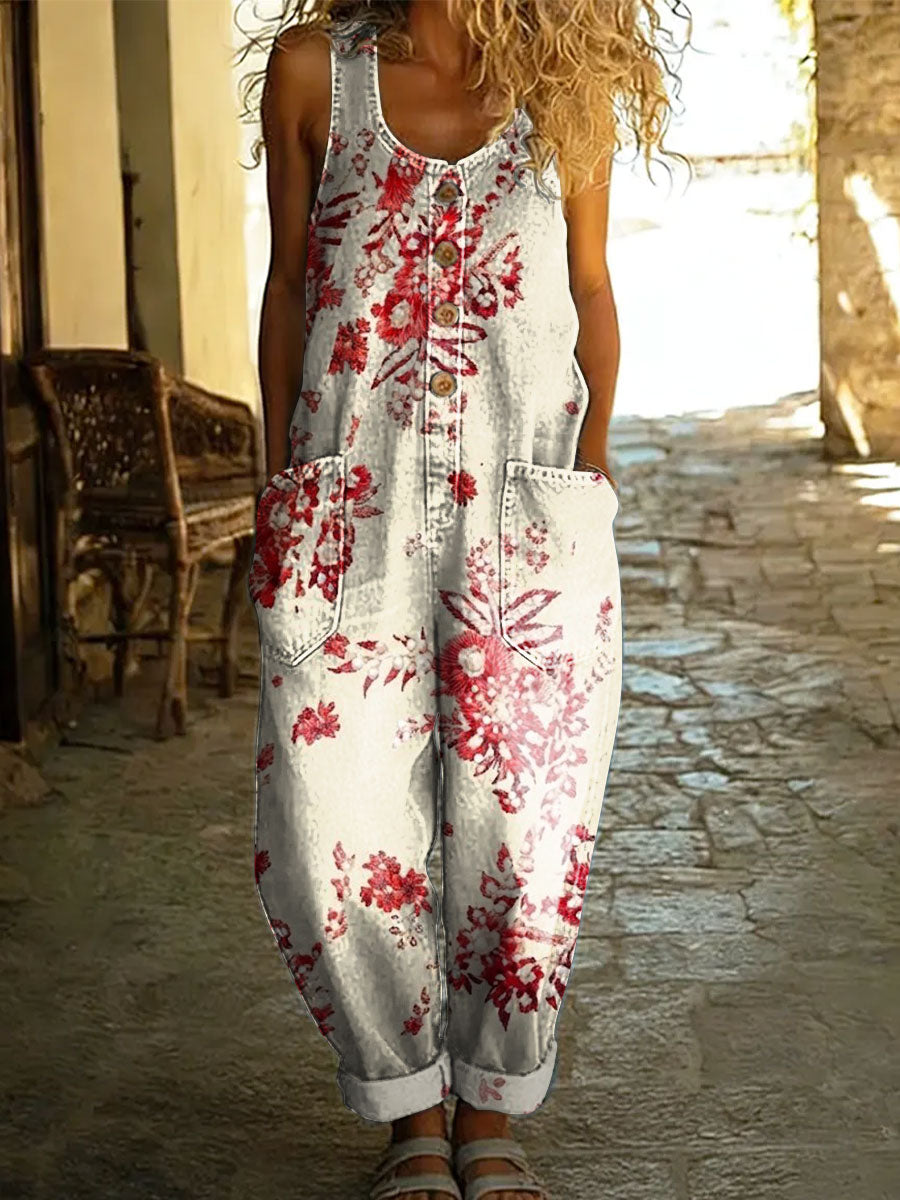 Women's Minimalist Geometric Abstract Casual Cotton Vest Denim Jumpsuit