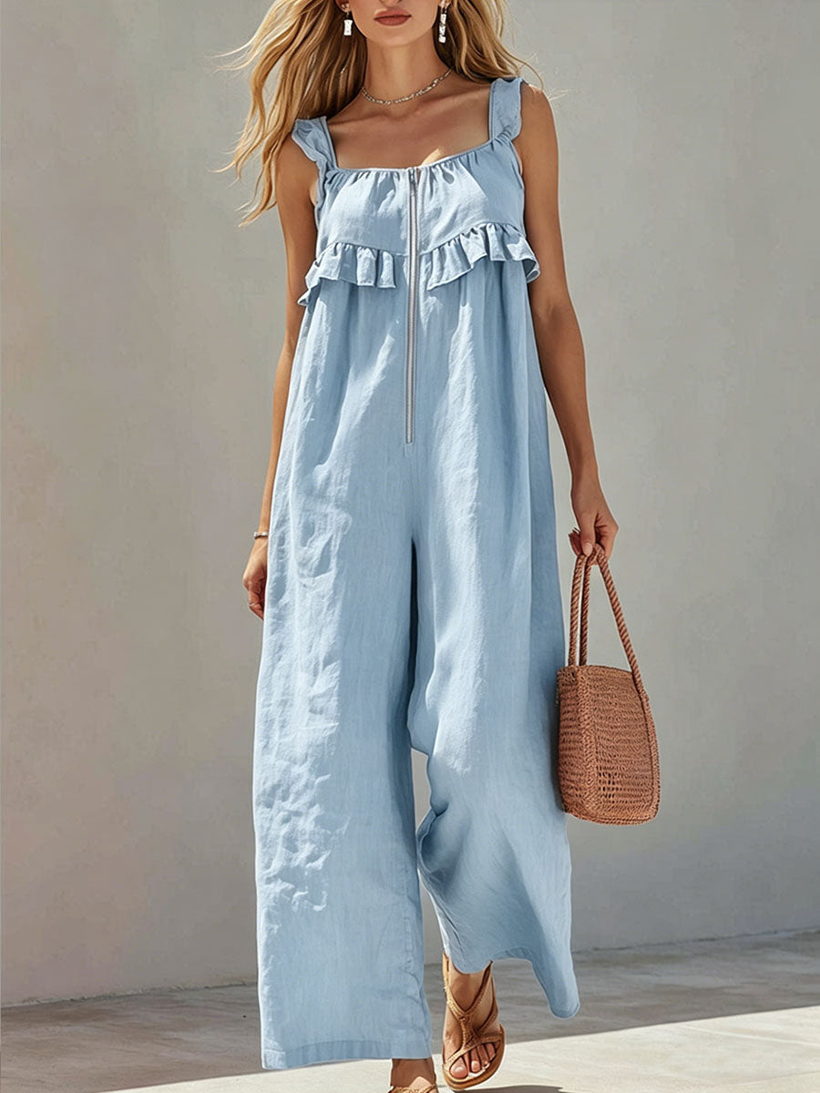Women's Solid Color Square-neck Sleeveless Casual Loose Ruffled Wide-leg Jumpsuit