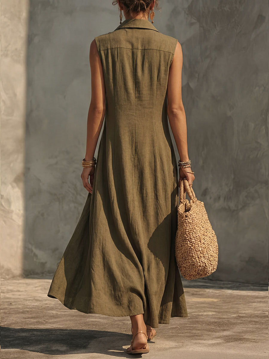 Women's Solid-color Lapel Sleeveless Loose-fit Cotton-linen Casual Dress