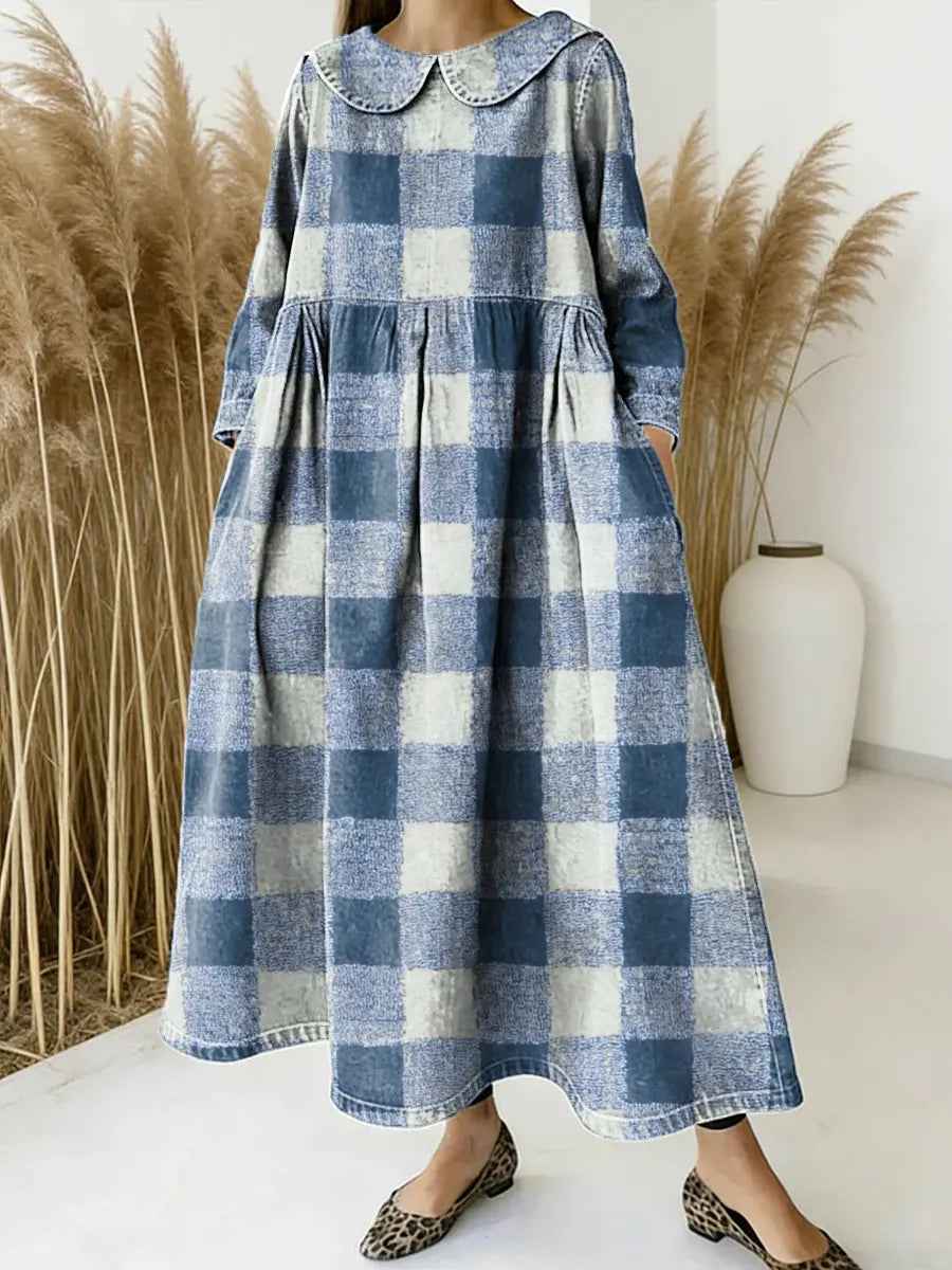 Women Plaid Pattern Art Print Casual Denim Dress