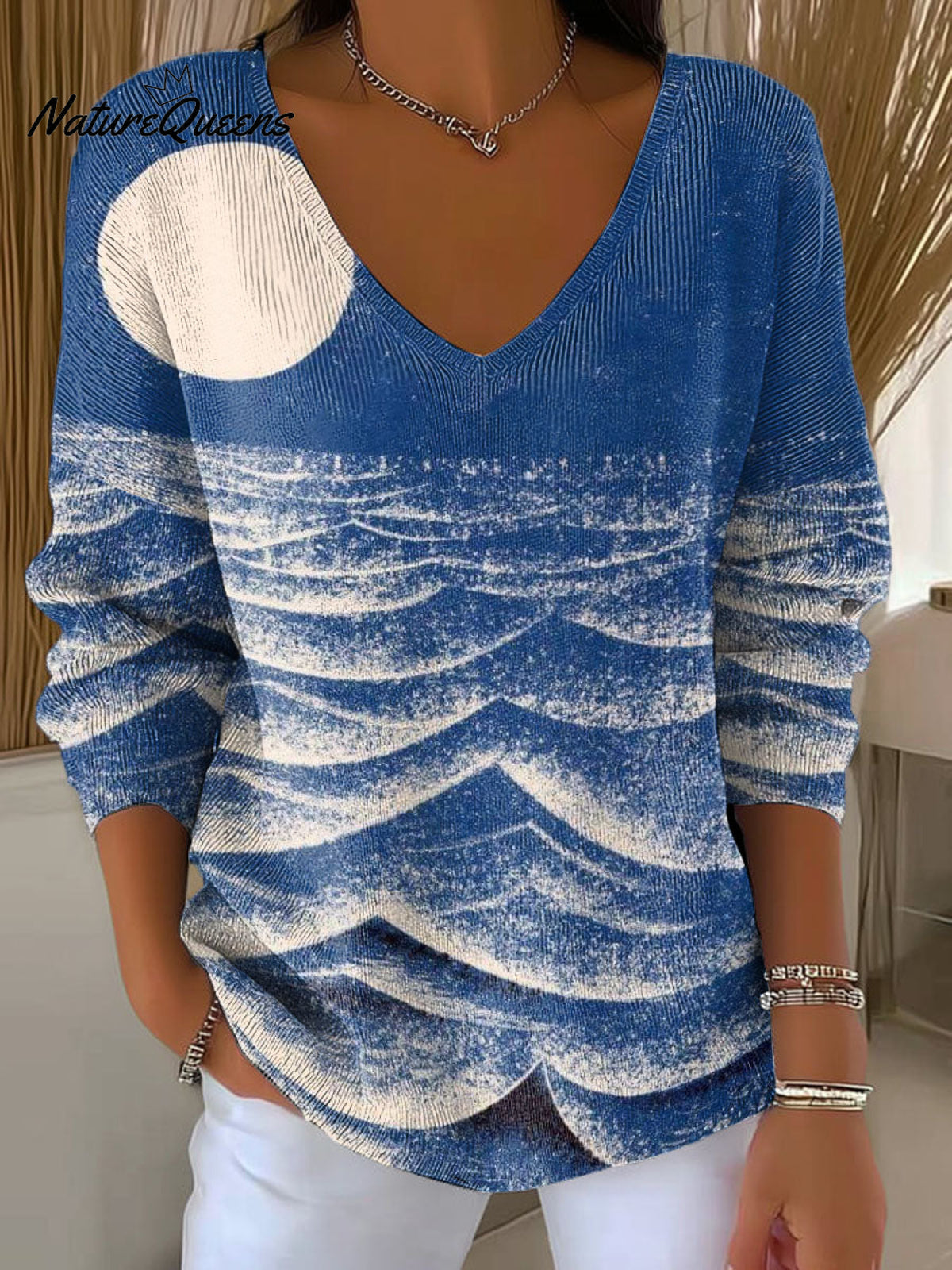 Women's Printed Style Night Ocean Landscape Decorative Pattern Casual V Collar Long Sleeve Sweater