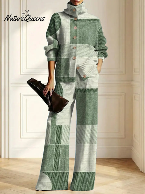 Women's Geometric Pattern Art Print Casual Cotton Knitted Suits