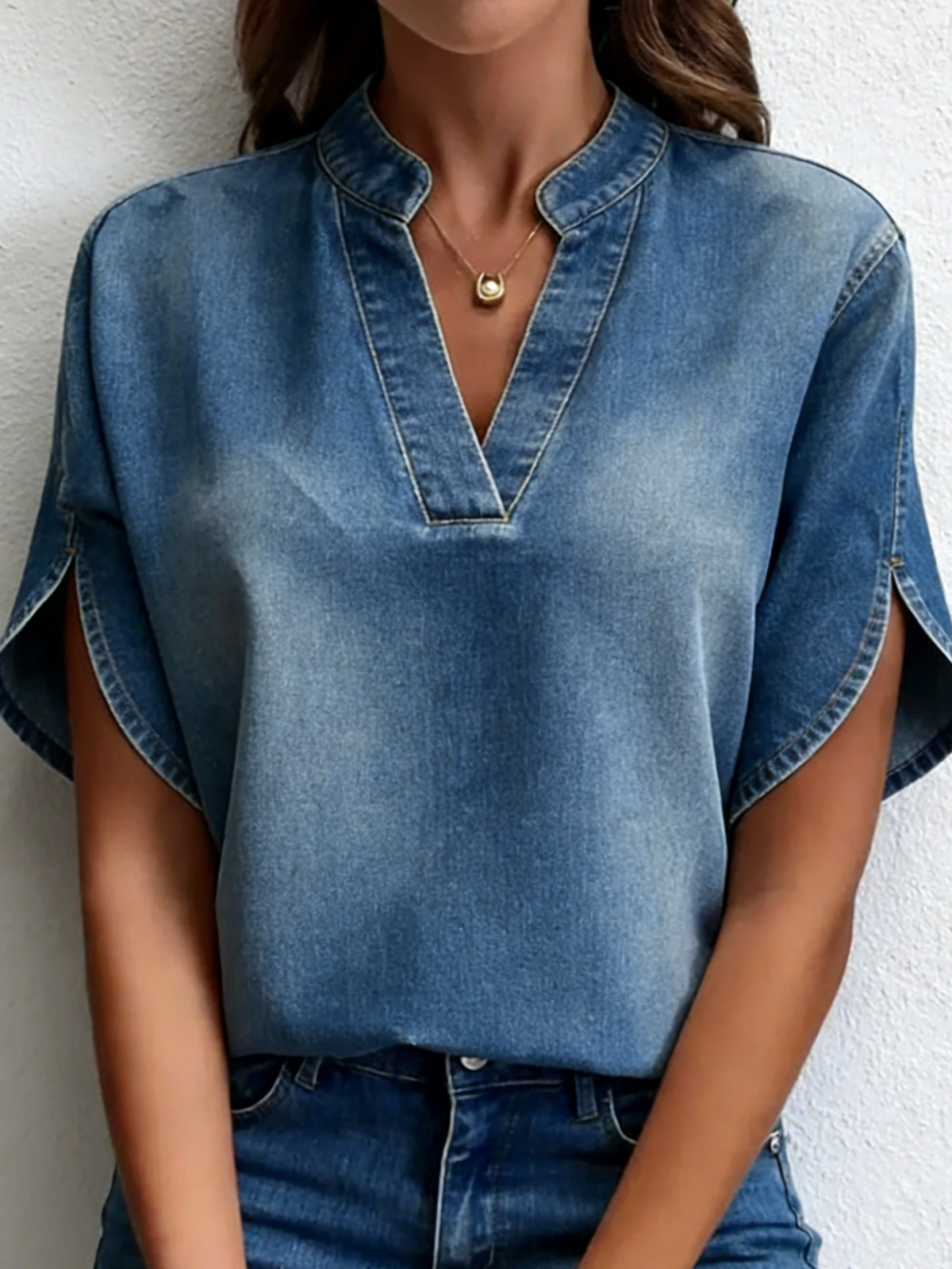 Casual V-neck Petal Sleeves Denim Blouse