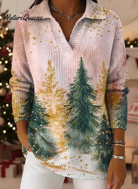 Women's Christmas Tree Pattern Art Print Casual Cotton Sweater