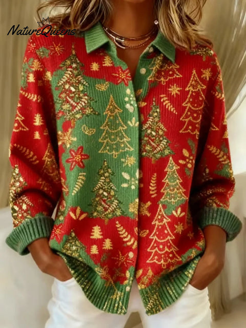 Women's Christmas Tree Pattern Art Print Casual Cotton Knitted Sweater