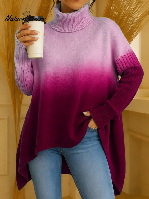 Women's High-neck Casual Loose Gradient Irregular Hem Knit Sweater