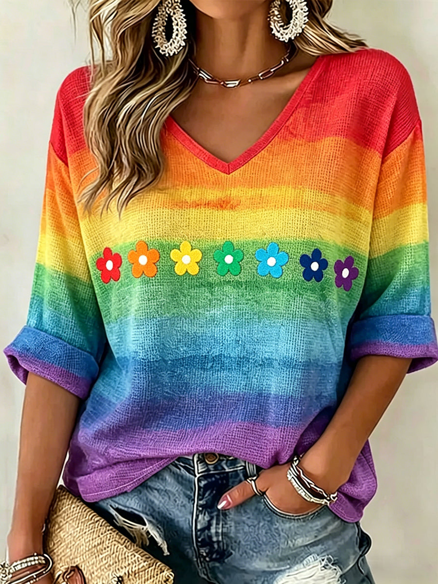 Women's Rainbow Print V-neck Top