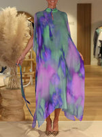 Women's Colorful Tie-Dye Stand Collar Sleeveless Casual Loose Chiffon Dress