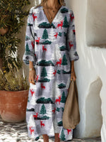 Women's Vintage Christmas Tree Pattern Art Print Cotton Dress