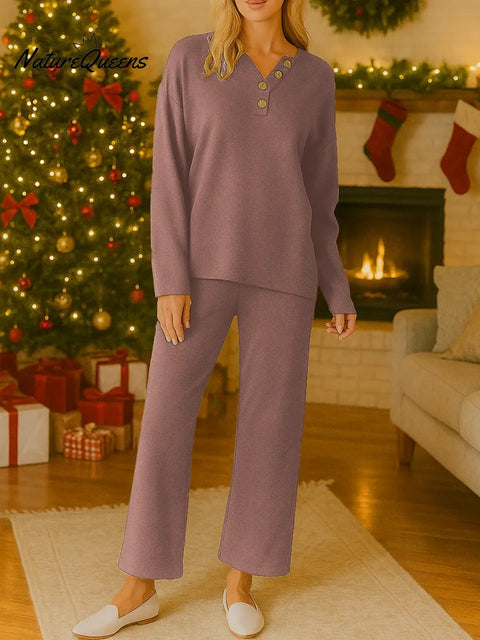 Women's Solid Color V-Neck Long Sleeve Casual Loose Sweatshirt and High-Waisted Wide-Leg Pants Set