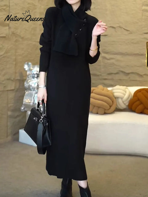 Women's Cozy Sweater Dress With Detachable Scarf