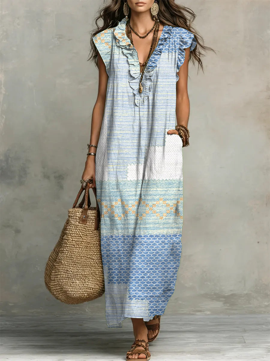 Women's Retro Geometric Pattern Art Print Casual Ruffled Stylish Cotton Linen Dress