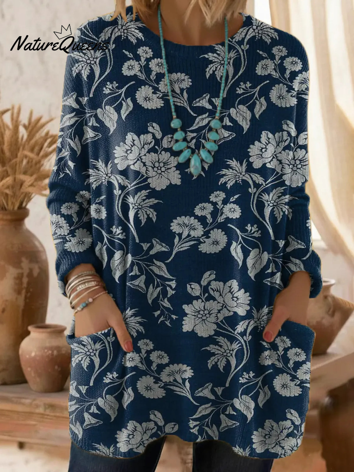 Women's Floral Pattern Art Print Casual Cotton Knitted Sweater