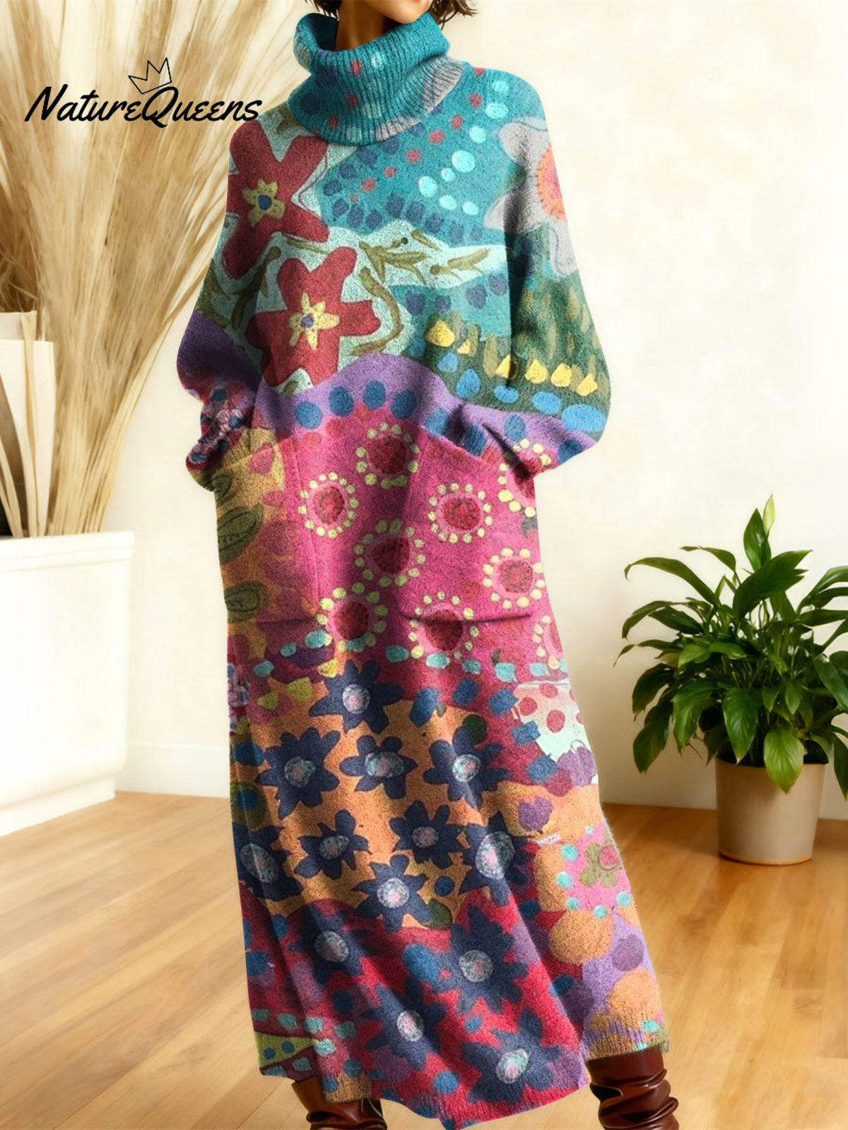 Women's Retro Flowers High-neck Long-sleeve Casual Loose Knit Dress