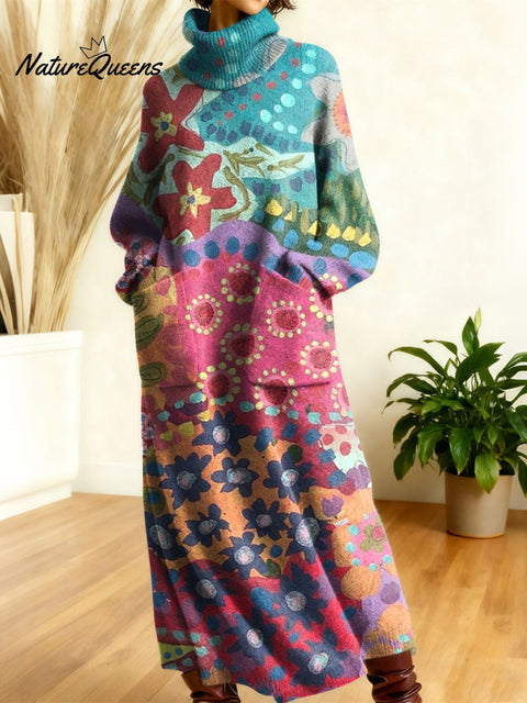 Women's Retro Flowers High-neck Long-sleeve Casual Loose Knit Dress