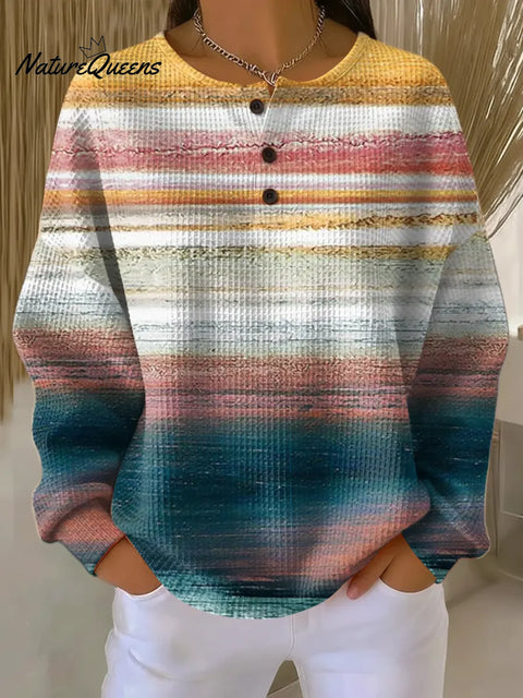 Women's Gradient Pattern Art Print Casual Waffle Sweatshirt