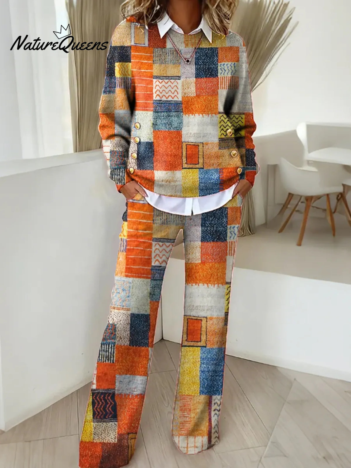 Women's Geometric Pattern Art Print Casual Cotton Knitted Suits