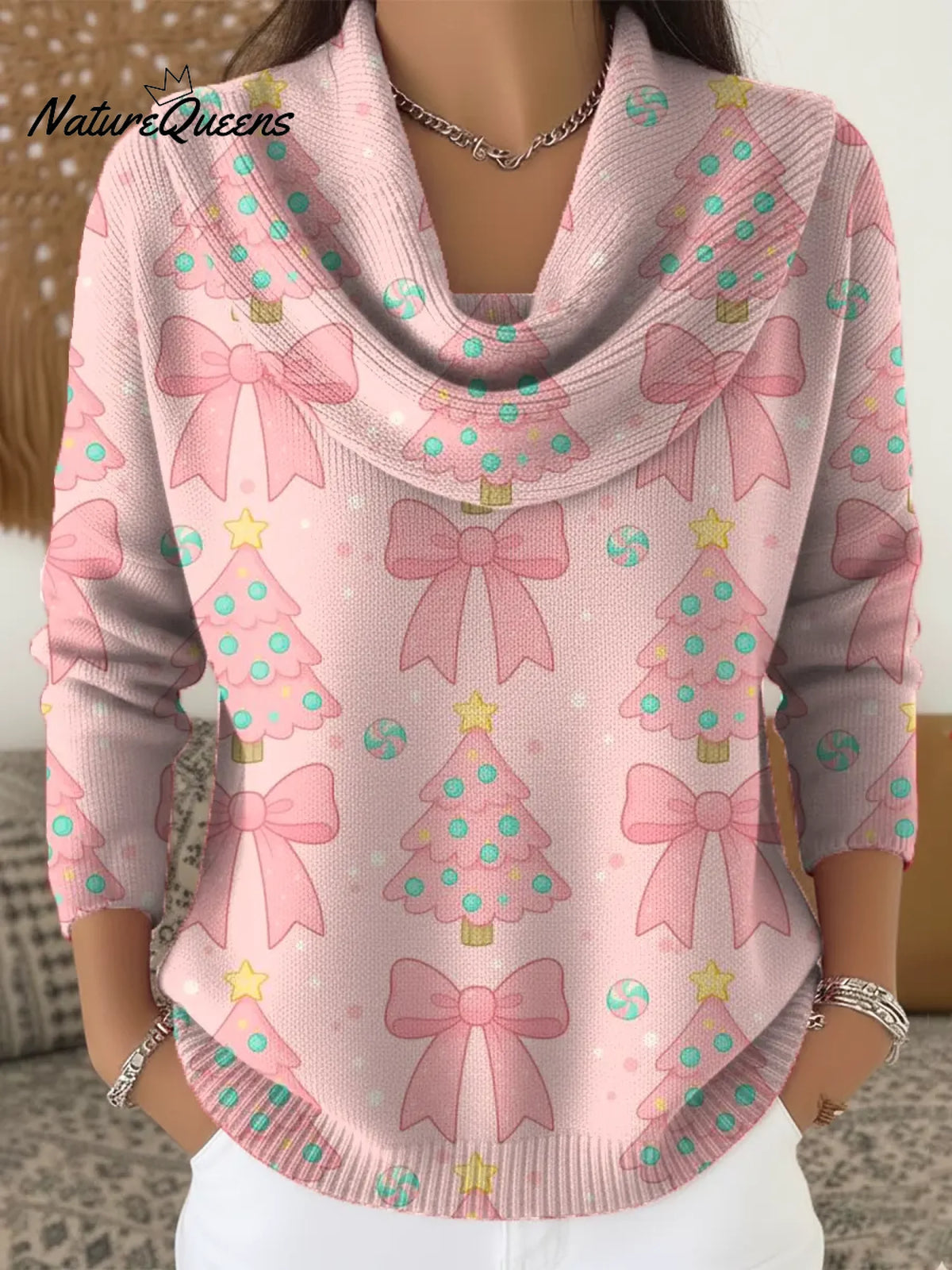 Women's Christmas Tree Pattern Art Print Casual Cowl Neck Sweater