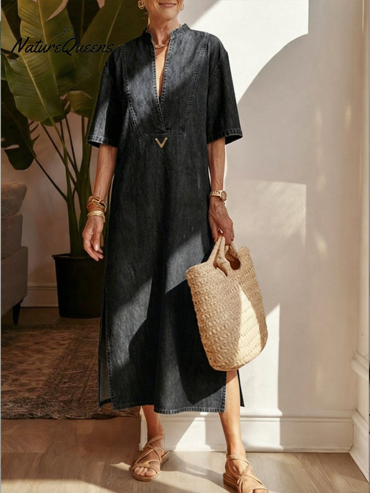 Women's V-neck Denim Cotton Dress