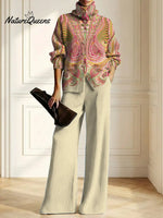 Women's Vintage Pattern Art Print Casual Cotton Knitted Suits