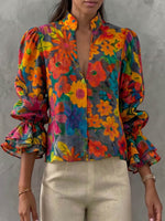 Women's Vintage Oil Painting Print V-neck Long-sleeve Loose-fit Casual Cotton-linen Top