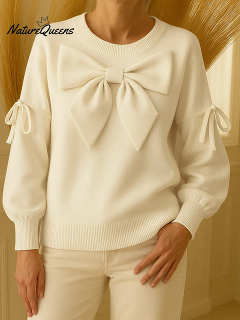 Women's Solid Color Crew Neck Casual Bow Loose Sweatshirt