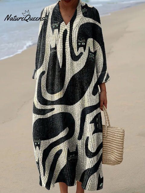 Fun Black Cat Decorative Patterns Women's Casual V-collar Long Sleeve Dress