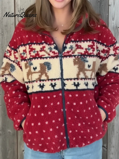 Cozy Lambswool Reindeer Print Zip-up Hooded Jacket